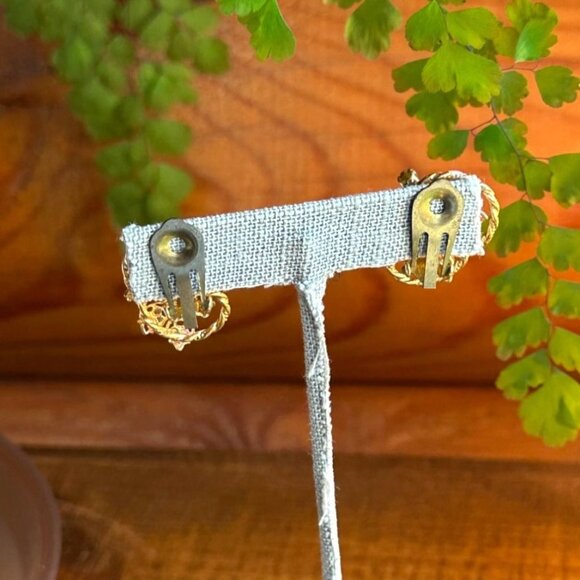 Vintage Pink & Gold Clip-On Earrings Rhinestone & Enamel Floral Made In Austria - Picture 6 of 10